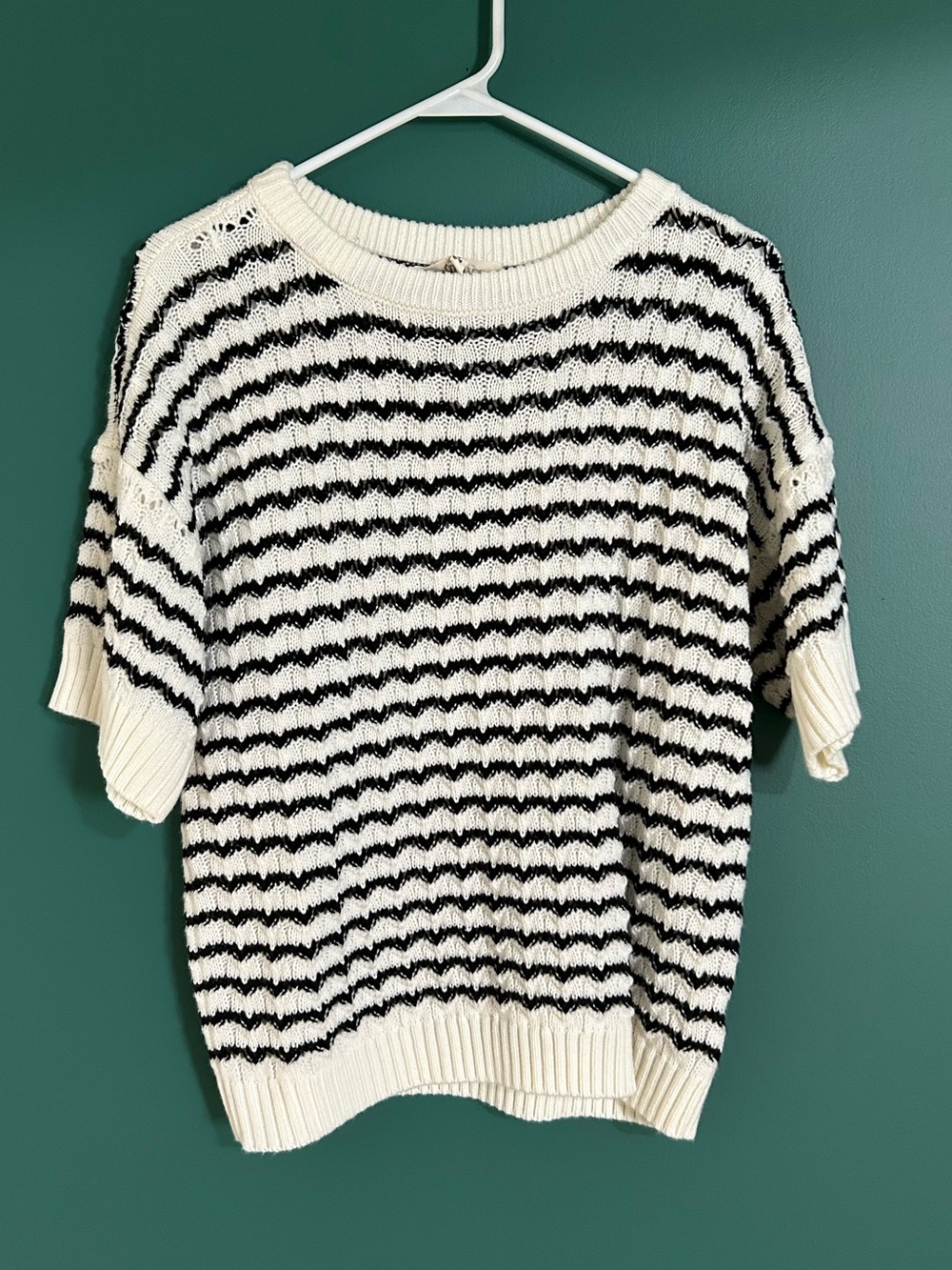 Haptics Striped Short-Sleeve Knit Sweater - Cream and Black